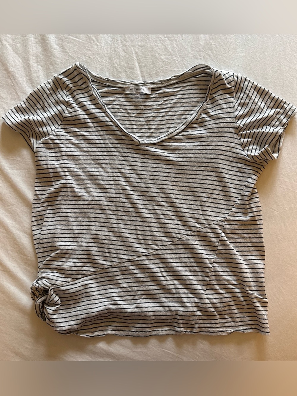 Olivaceous Black & White Striped V-Neck Short Sleeve Tee